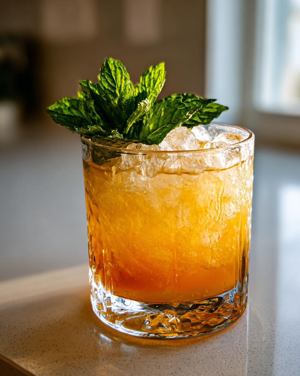 A close-up of a bright orange Bourbon peach smash cocktail filled with crushed ice and topped with fresh mint.