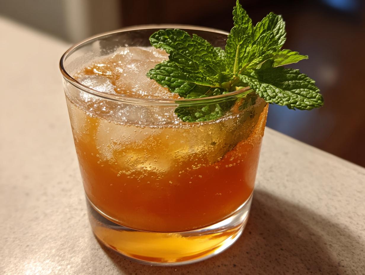 Close-up of a Bourbon peach smash cocktail served over ice in a rocks glass, garnished with fresh mint.