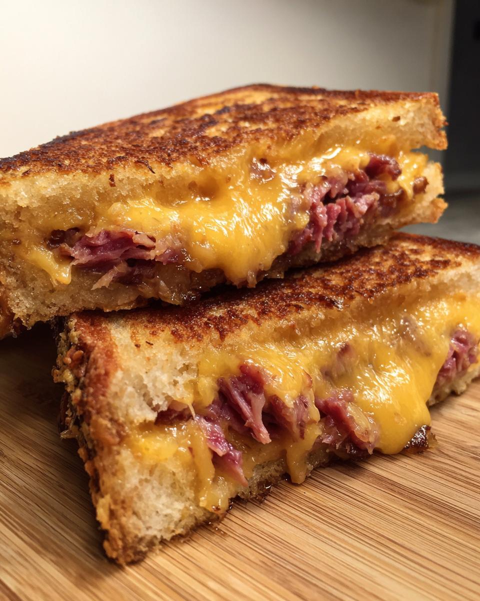 Close-up of a halved Brisket Grilled Cheese sandwich showing melted cheddar cheese oozing over shredded brisket.