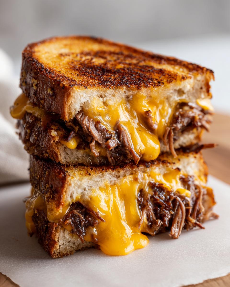 A close-up of a stacked Brisket Grilled Cheese sandwich showing gooey melted cheddar cheese and shredded brisket.
