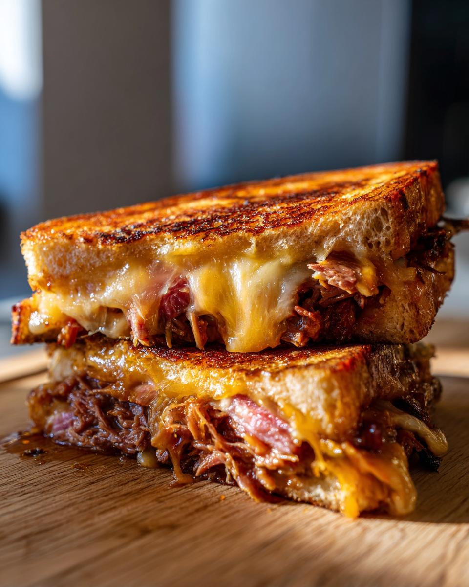 Close-up of a stacked Brisket Grilled Cheese sandwich with intensely melted cheese oozing out.