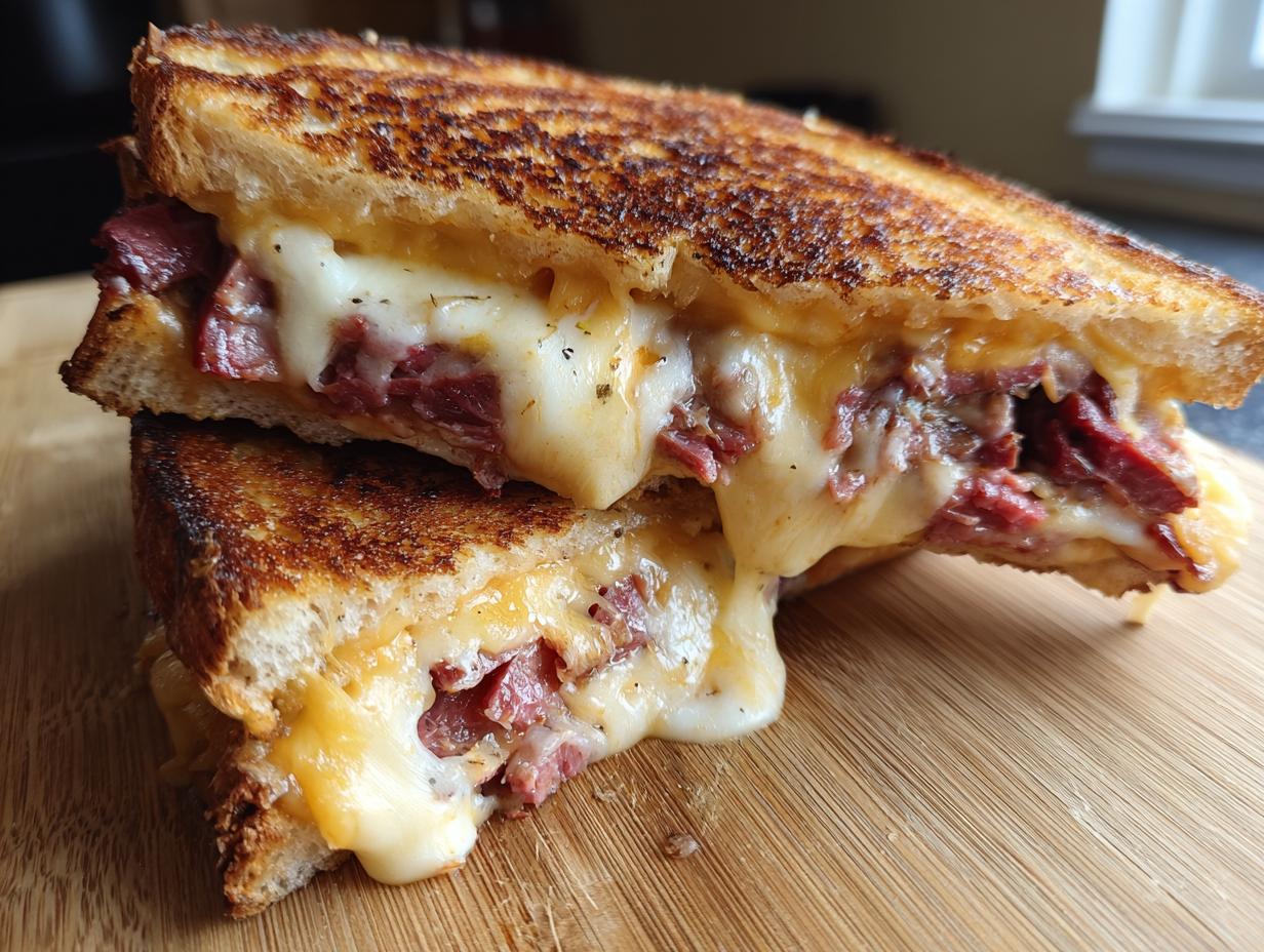 Close-up of a perfectly grilled Brisket grilled cheese sandwich cut in half, showing melted cheese oozing out with slices of brisket.