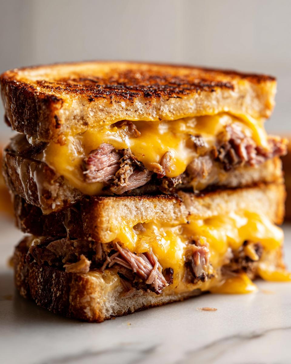 Close-up of two halves of a Brisket grilled cheese sandwich stacked, showing gooey melted cheddar cheese and shredded brisket.
