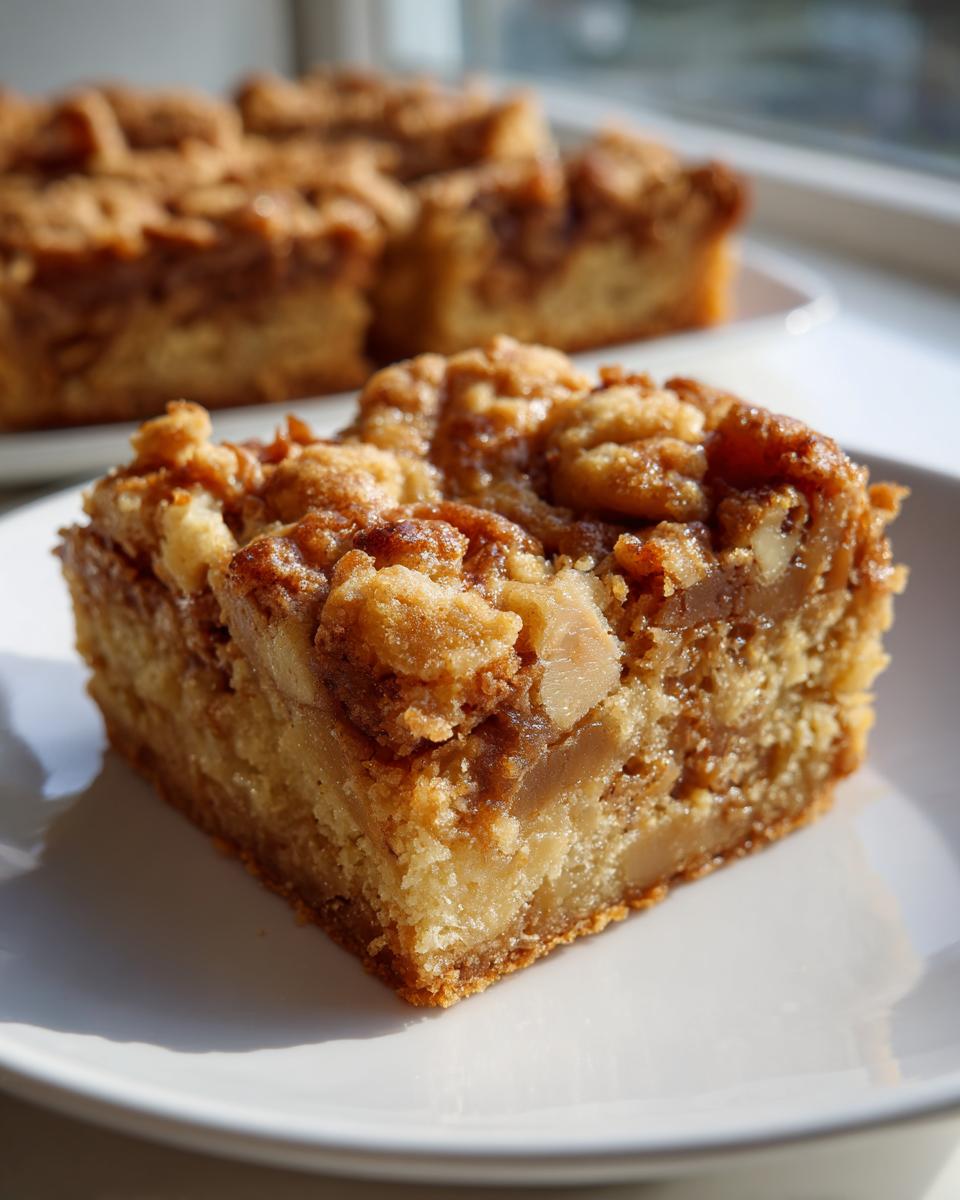 A rich, square slice of butterscotch blondies featuring a dense base and a thick, crumbly, nutty topping.