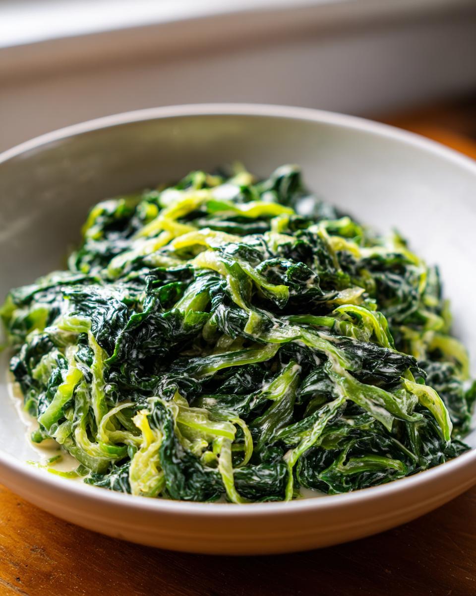 Close-up of spiralized cabbage coated in creamy white sauce, resembling Cabbage alfredo, served in a light bowl.