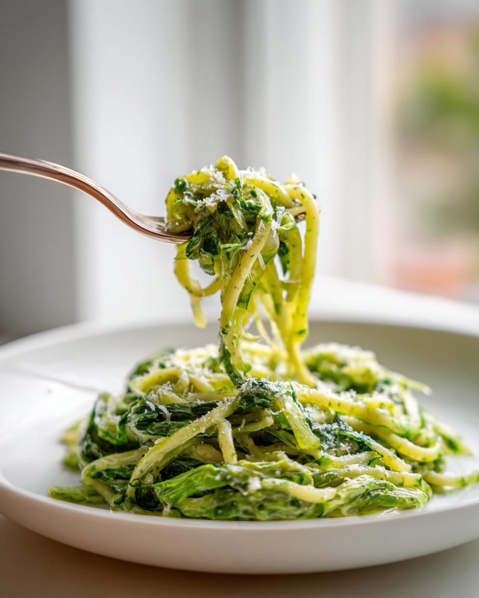 A fork lifting twirled cabbage noodles coated in creamy sauce, showcasing the Cabbage alfredo dish.
