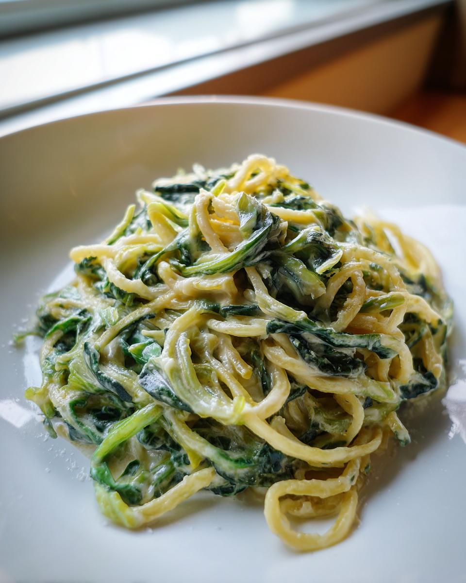 Close-up of a portion of Cabbage alfredo made with spiralized zucchini noodles coated in a creamy white sauce.
