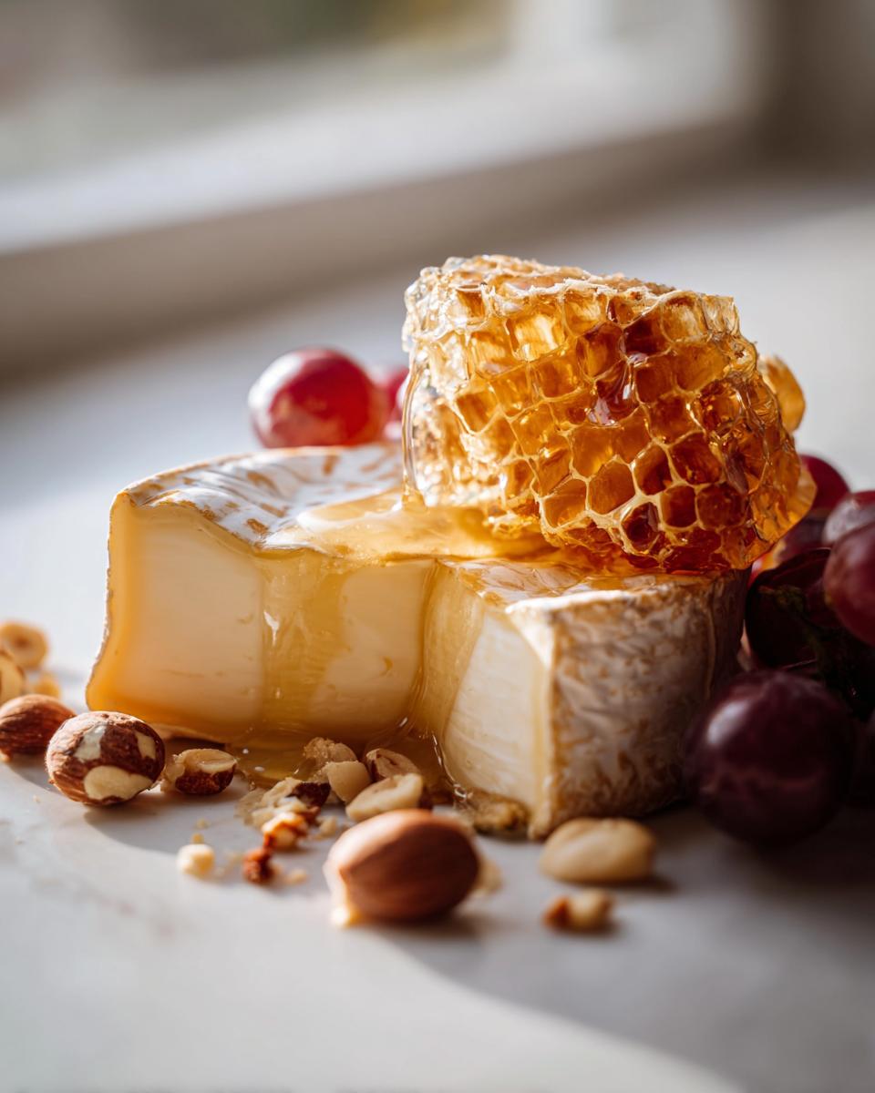 A wedge of soft cheese drizzled with honey, topped with a piece of honeycomb, next to grapes and hazelnuts for a cheese plate with honeycomb.
