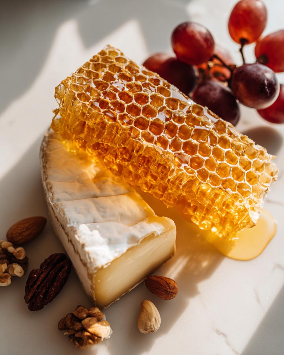 A wedge of soft cheese topped with a large piece of glistening honeycomb, arranged with grapes and assorted nuts for a cheese plate with honeycomb.