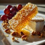 A wedge of soft cheese topped with a large piece of honeycomb, part of a cheese plate with honeycomb, grapes, and nuts.
