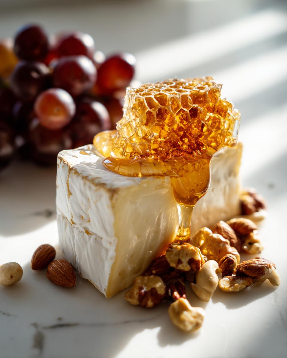 A wedge of soft cheese topped with a piece of honeycomb dripping honey, surrounded by nuts and grapes, perfect for a cheese plate with honeycomb.