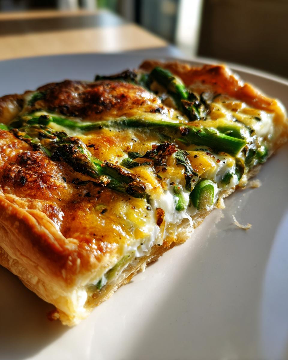 Close-up of a slice of cheesy asparagus tart showing flaky pastry and bright green asparagus spears baked into the egg filling.