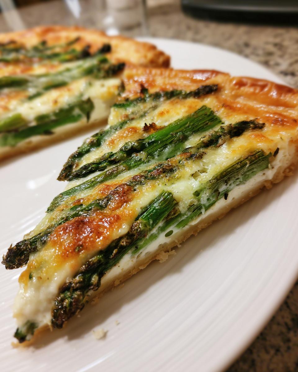 Close-up of a slice of Cheesy asparagus tart showing bright green asparagus spears baked in a creamy, cheesy filling on a flaky crust.