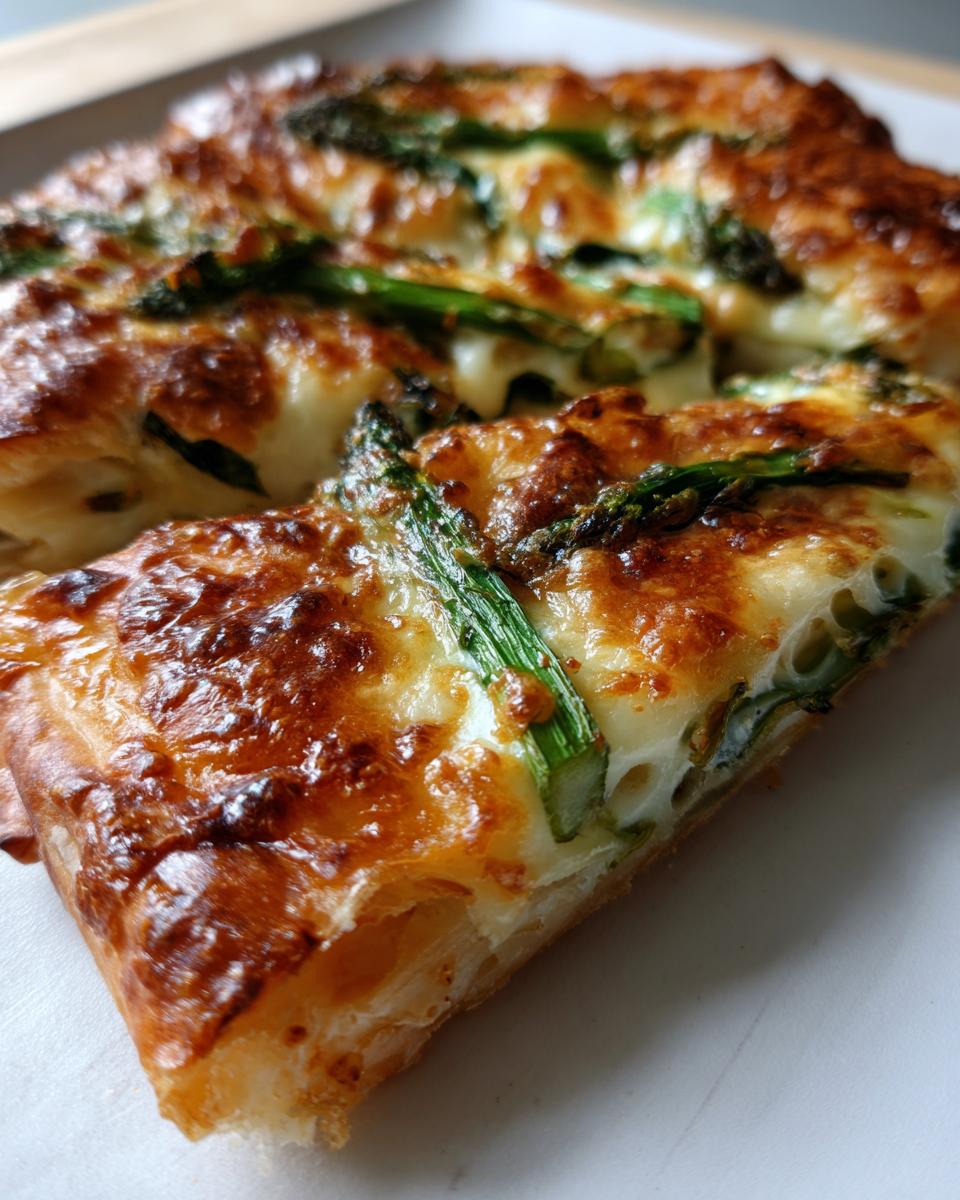 A close-up view of a slice of cheesy asparagus tart showing a flaky crust and golden-brown melted cheese topping.