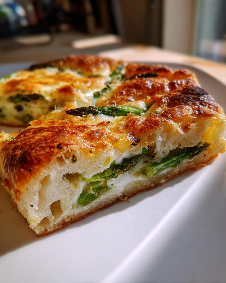 Close-up of a thick slice of Cheesy asparagus tart showing a fluffy base, creamy filling, and bright green asparagus spears under a golden-brown cheese topping.