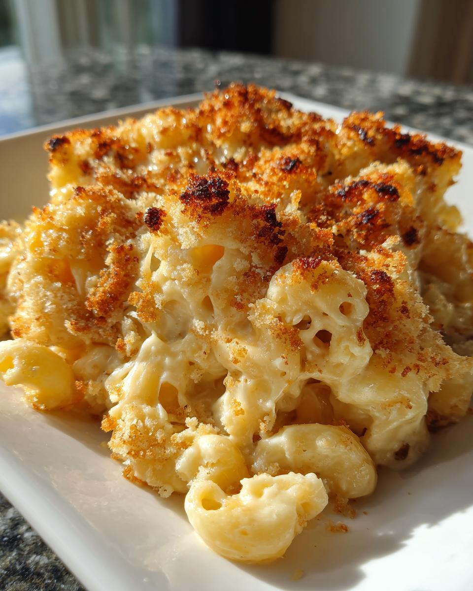 A close-up of a serving of creamy, cheesy baked mac and cheese featuring elbow macaroni and a deeply browned, crispy breadcrumb topping.