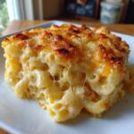 A close-up shot of a serving of baked mac and cheese showing gooey cheese pulls and a golden, crispy topping.