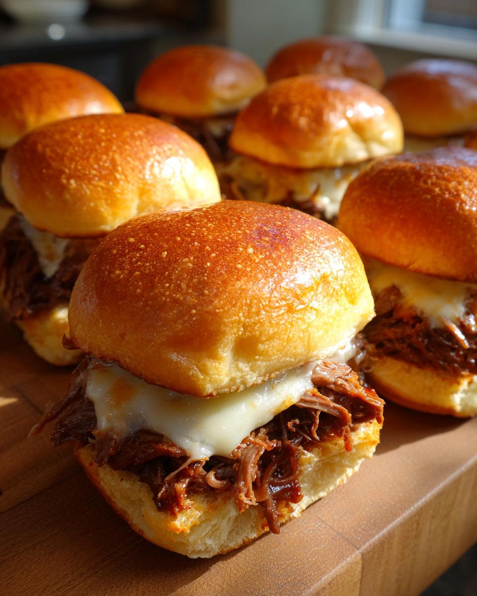 A close-up of a delicious Italian beef slider featuring shredded beef and melted white cheese on a golden brioche bun.