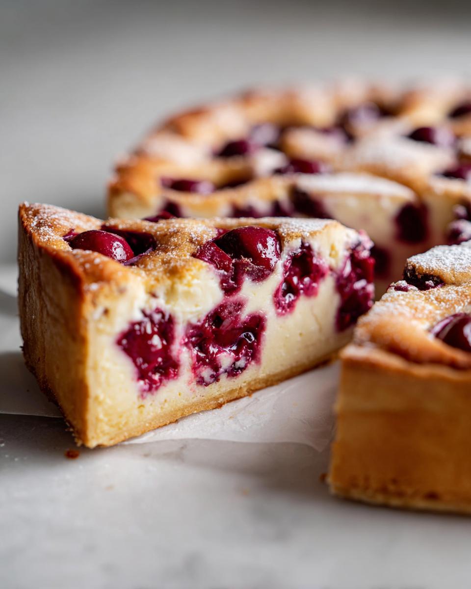 A close-up slice of a rich Cherry almond tart showing the creamy filling and bright red cherries, dusted with powdered sugar.