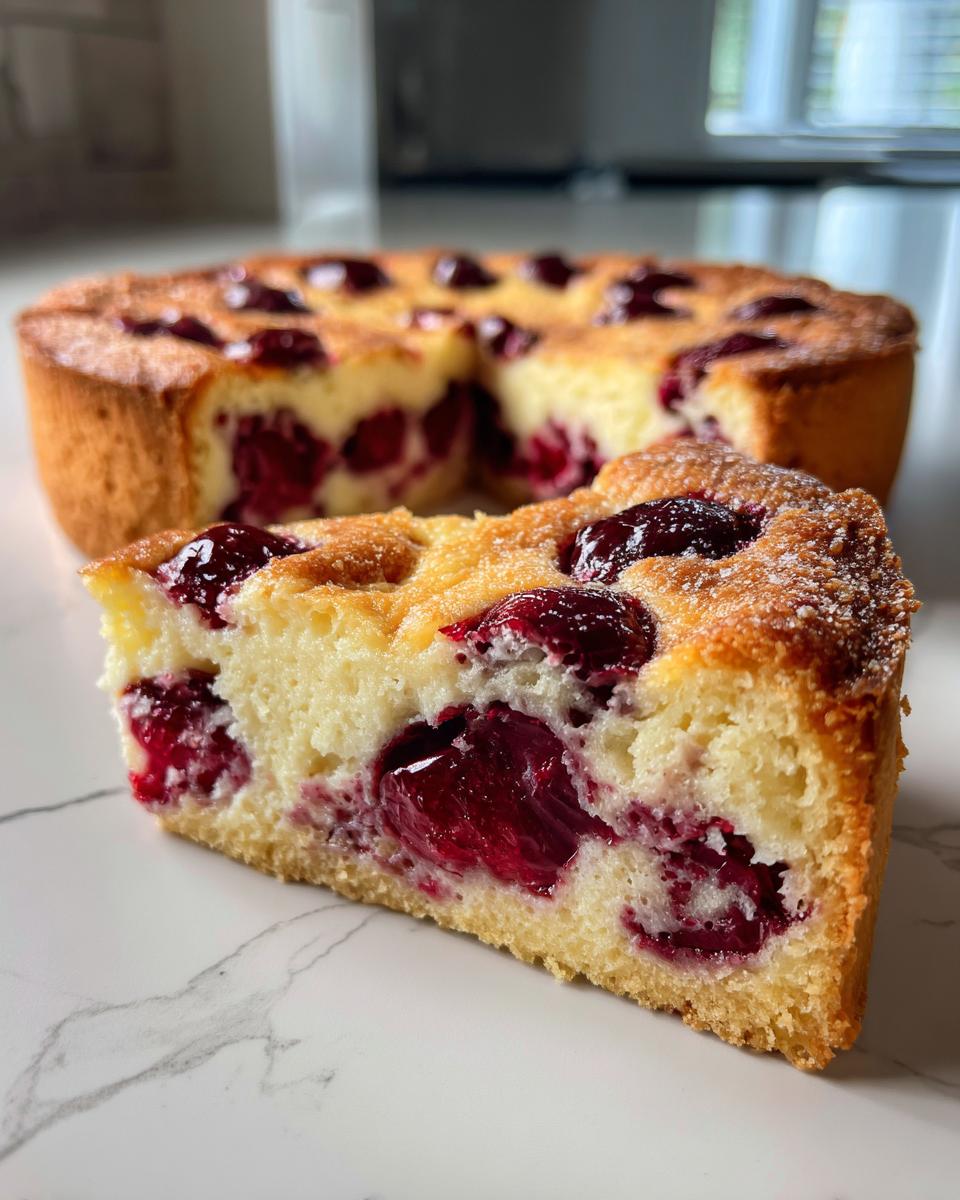 A close-up slice of a moist Cherry almond tart, showing bright red cherries baked into the golden cake base.