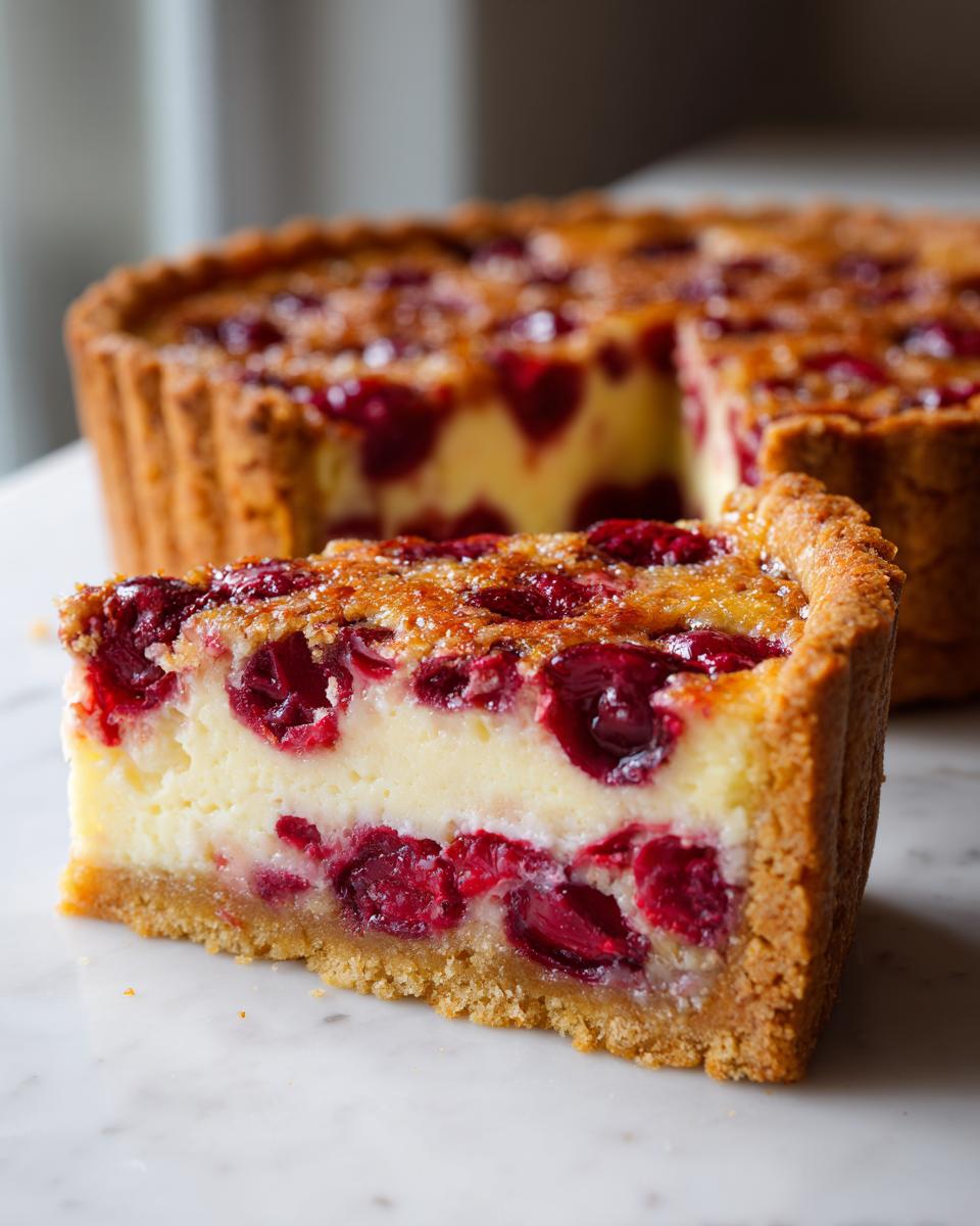 A close-up slice of a rich Cherry almond tart showing the buttery crust, creamy filling, and bright red cherries.