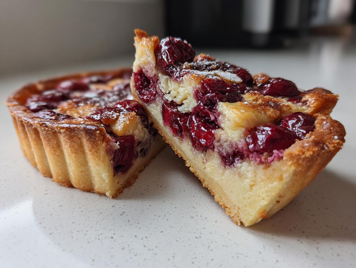 Cross-section view of a rich Cherry almond tart slice showing the buttery crust and creamy filling topped with glossy cherries.
