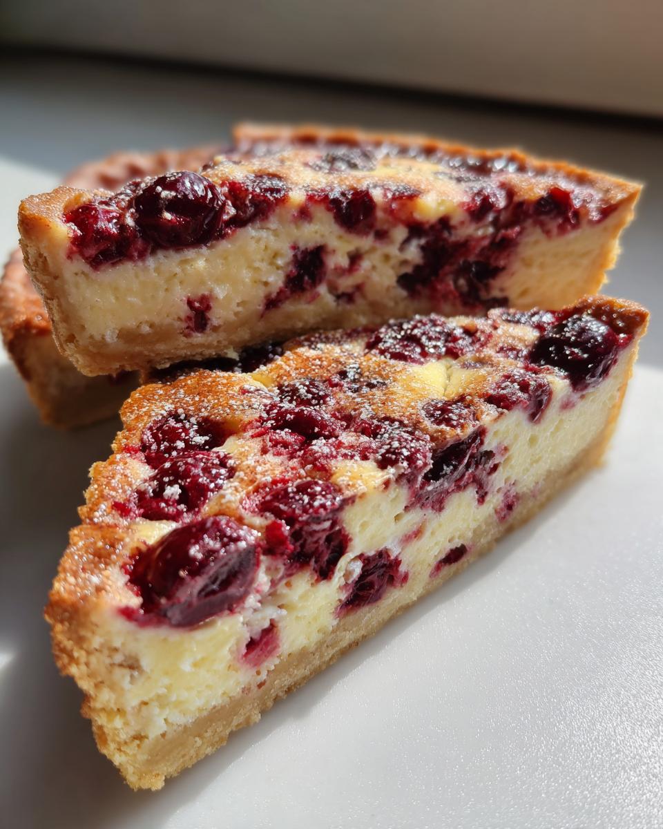 Two slices of a rich Cherry almond tart showing the creamy filling and tart crust, dusted with powdered sugar.