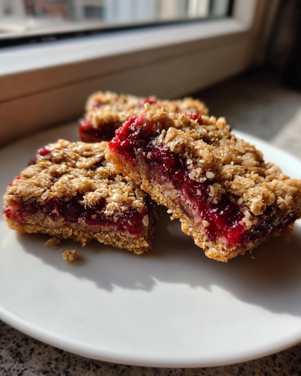 Three moist squares of cherry cobbler bars showing a thick, bright red cherry filling and an oat crumble topping.