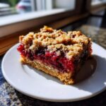 A close-up of a single serving of Cherry Cobbler Bars showing a thick layer of bright red cherry filling between an oat crust and crumb topping.