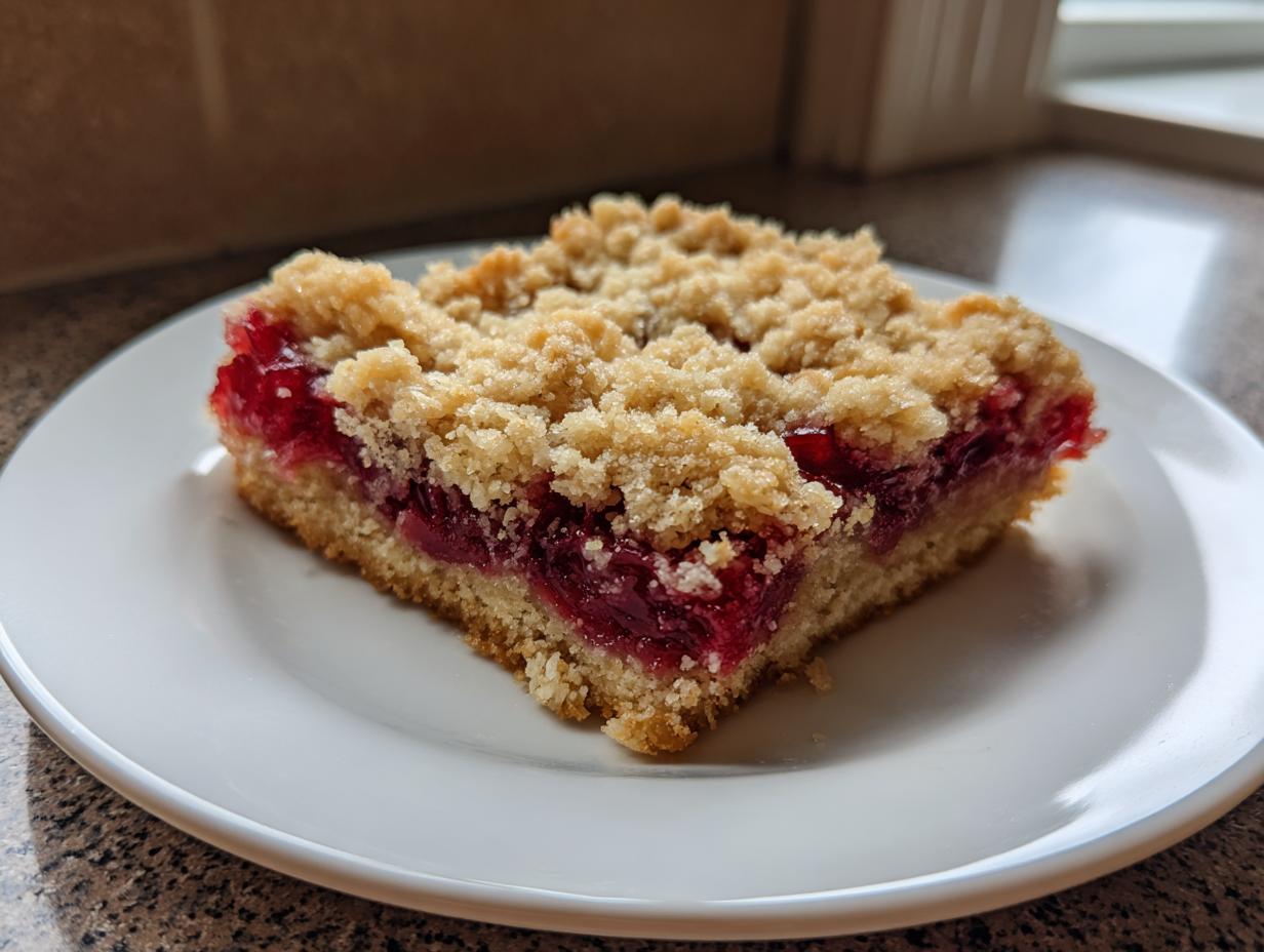 A square slice of Cherry Cobbler Bars featuring a thick layer of bright red cherry filling topped with a golden crumble.