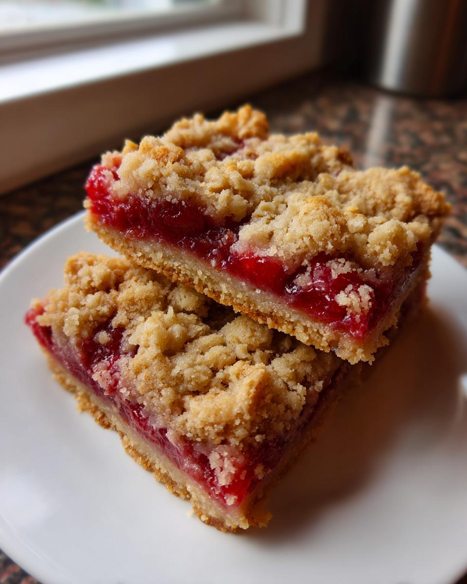 Two perfectly baked cherry cobbler bars stacked on a white plate, showing the bright red filling and crumbly topping.