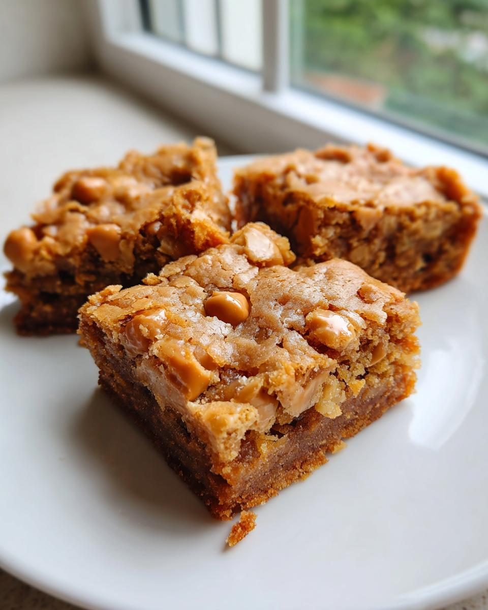 Three squares of rich, chewy butterscotch blondies topped with melted butterscotch chips, served on a white plate.