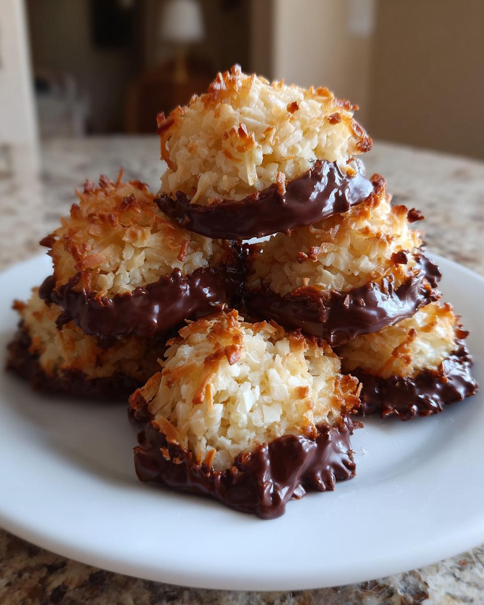 A stack of golden brown coconut macaroon cookies dipped in rich melted chocolate, resting on a white plate.