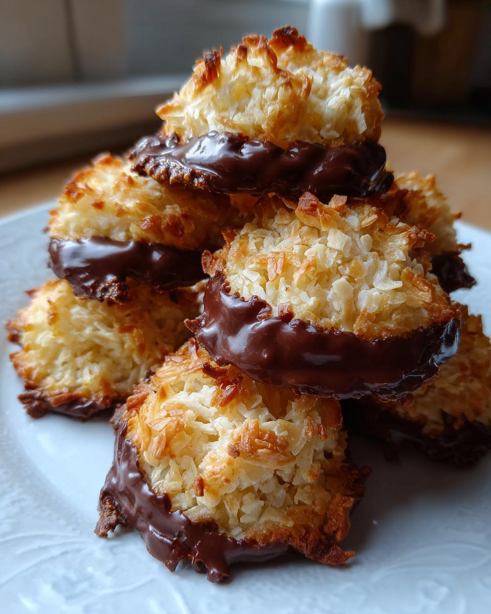 A close-up of a stack of golden brown coconut macaroon cookies dipped in rich dark chocolate.