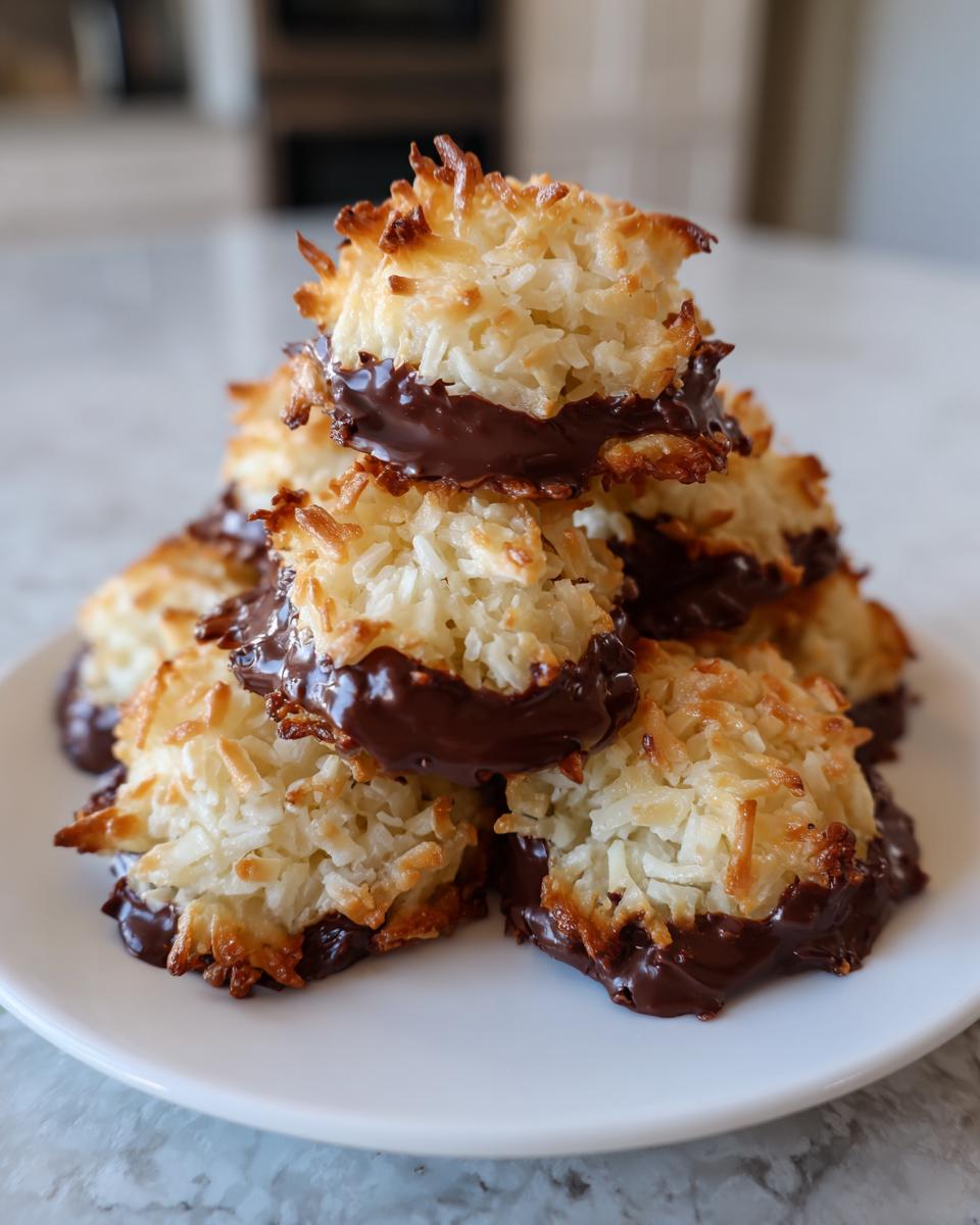 A tempting stack of golden brown coconut macaroon cookies dipped in rich dark chocolate on a white plate.