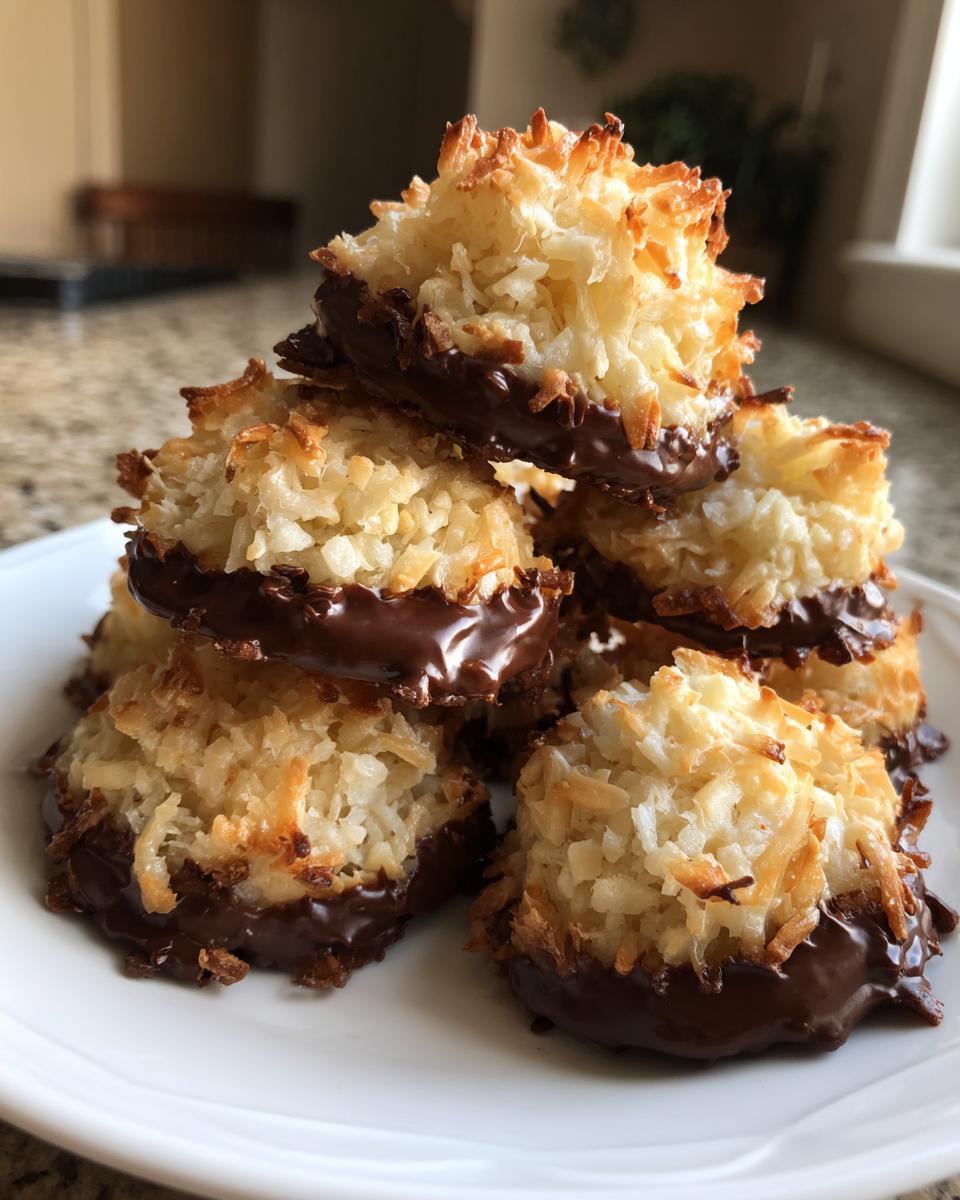 A stack of golden brown, toasted coconut macaroon cookies dipped in rich melted chocolate.