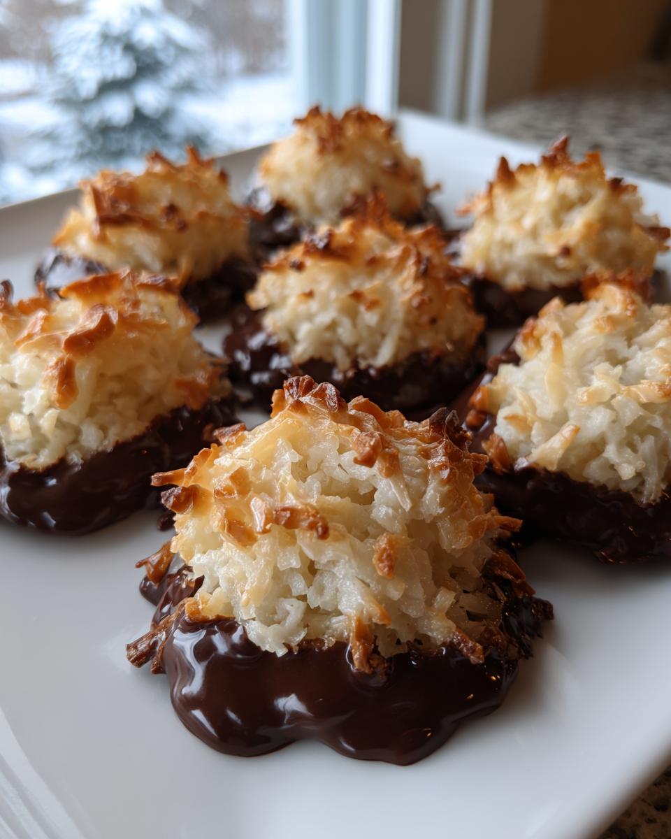 Several golden brown Chocolate dipped macaroon cookies resting on a white plate with melted chocolate bottoms.