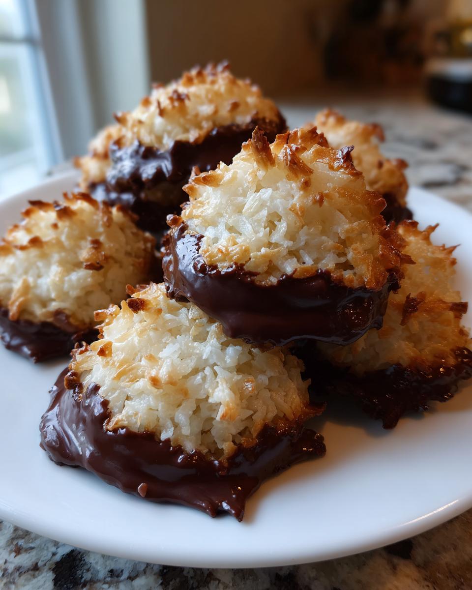 A close-up of several golden-brown Chocolate dipped macaroon treats piled on a white plate.
