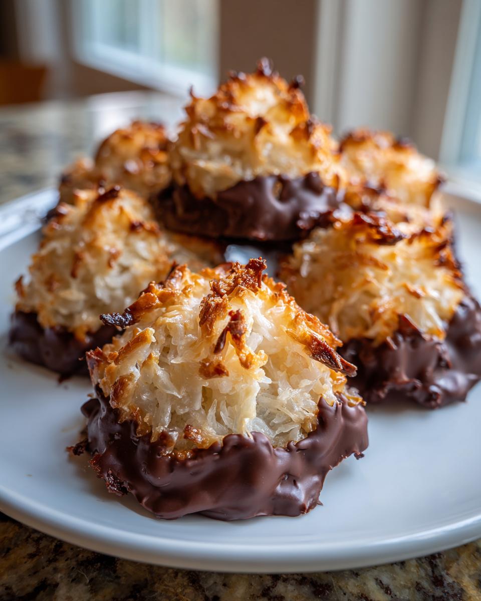 A close-up of several golden brown, toasted coconut chocolate dipped macaroon treats stacked on a white plate.