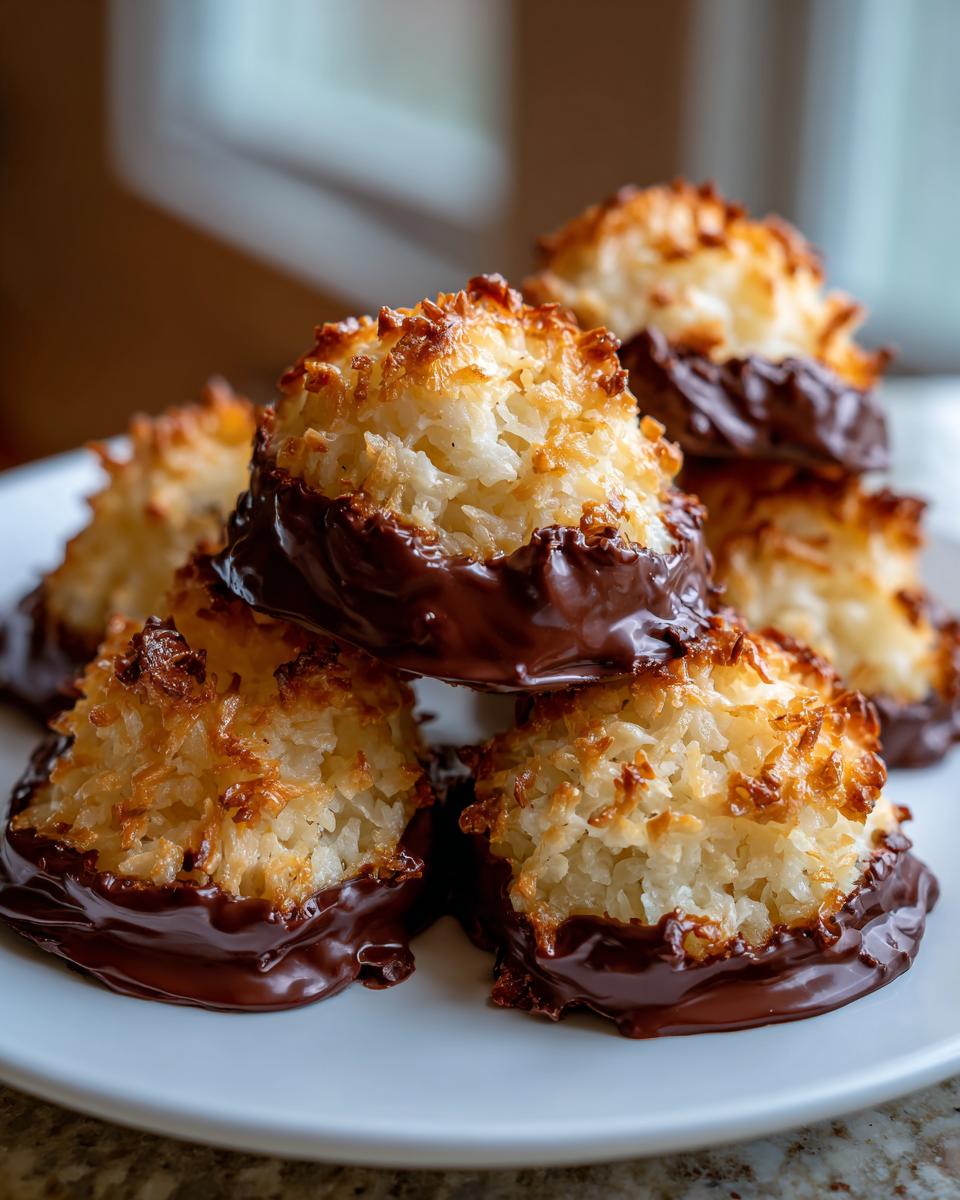 A close-up of a stack of golden brown, toasted coconut Chocolate dipped macaroon cookies resting on a white plate.