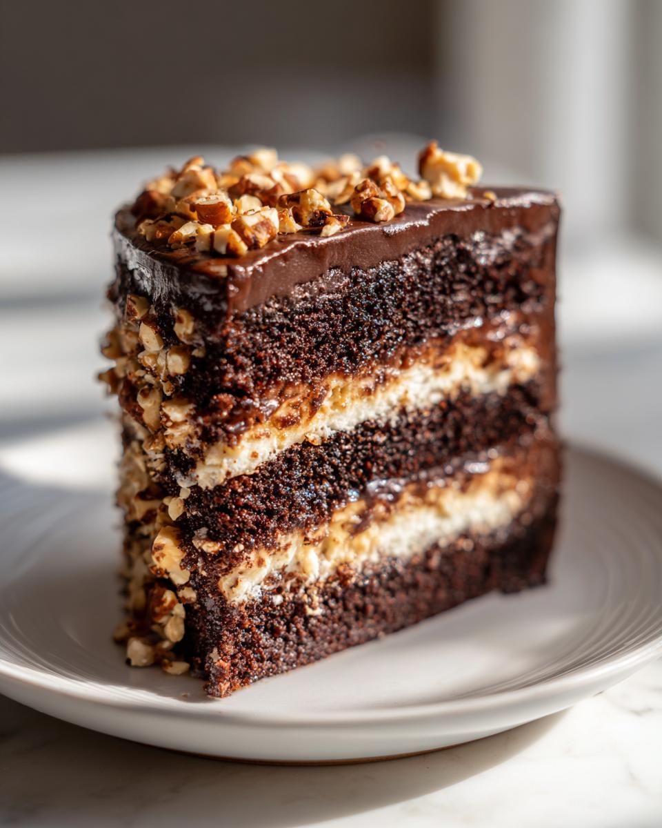 A tall slice of chocolate hazelnut cake showing multiple layers of dark cake, cream filling, and topped with chocolate ganache and chopped hazelnuts.