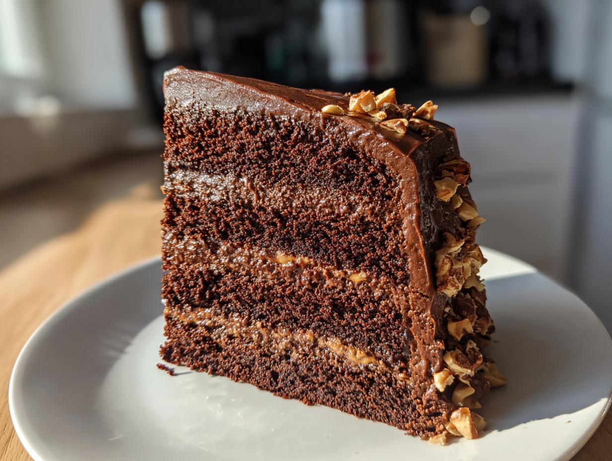 A tall, moist slice of chocolate hazelnut cake layered with filling and topped with chocolate frosting and chopped nuts.