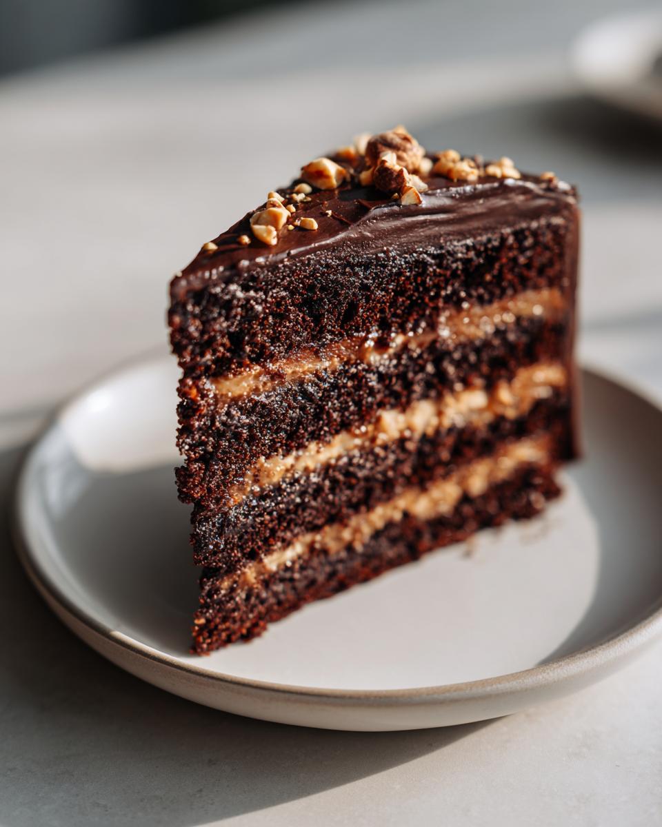 A decadent slice of chocolate hazelnut cake featuring dark layers, hazelnut filling, and topped with chocolate ganache and chopped nuts.
