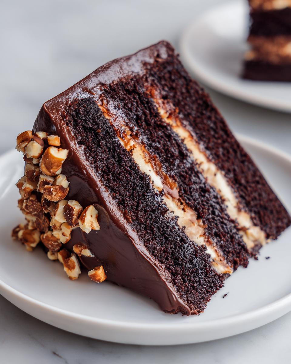 Close-up of a decadent slice of chocolate hazelnut cake with dark layers and creamy filling, topped with chocolate ganache and chopped nuts.