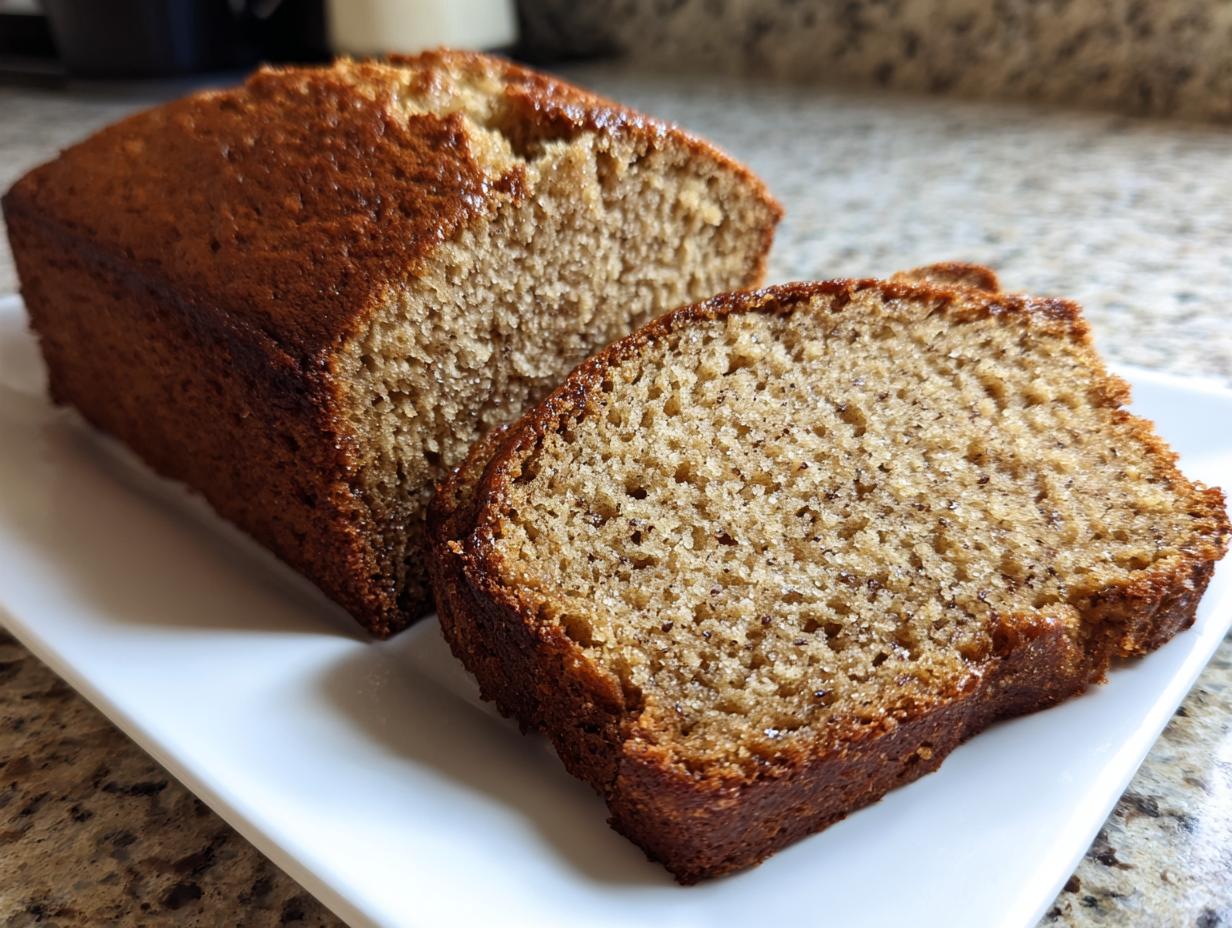 A close-up of a freshly baked cinnamon applesauce bread loaf with one thick slice cut and resting beside it on a white platter.