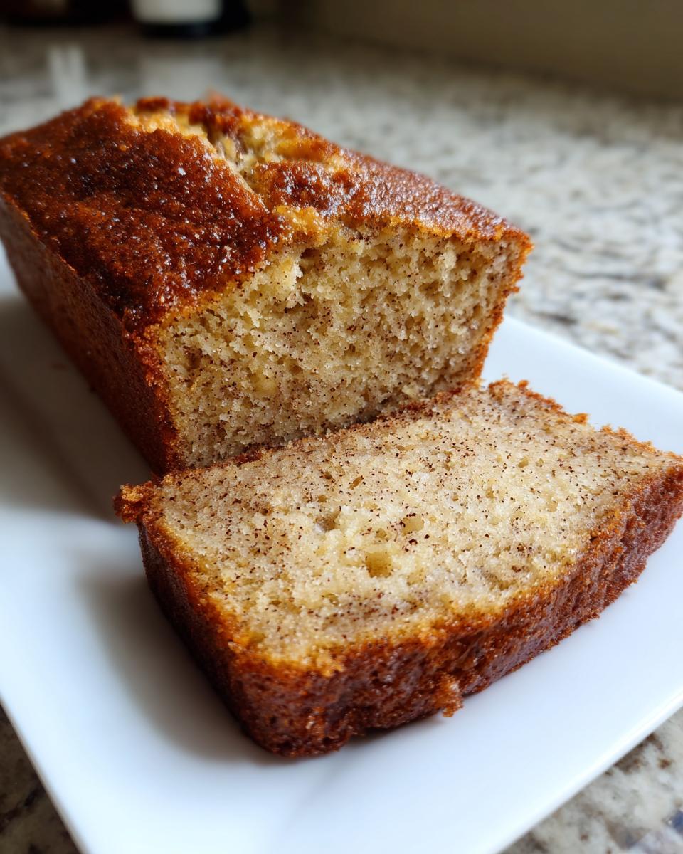 A close-up of a sliced Cinnamon applesauce bread loaf showing its moist crumb speckled with cinnamon.
