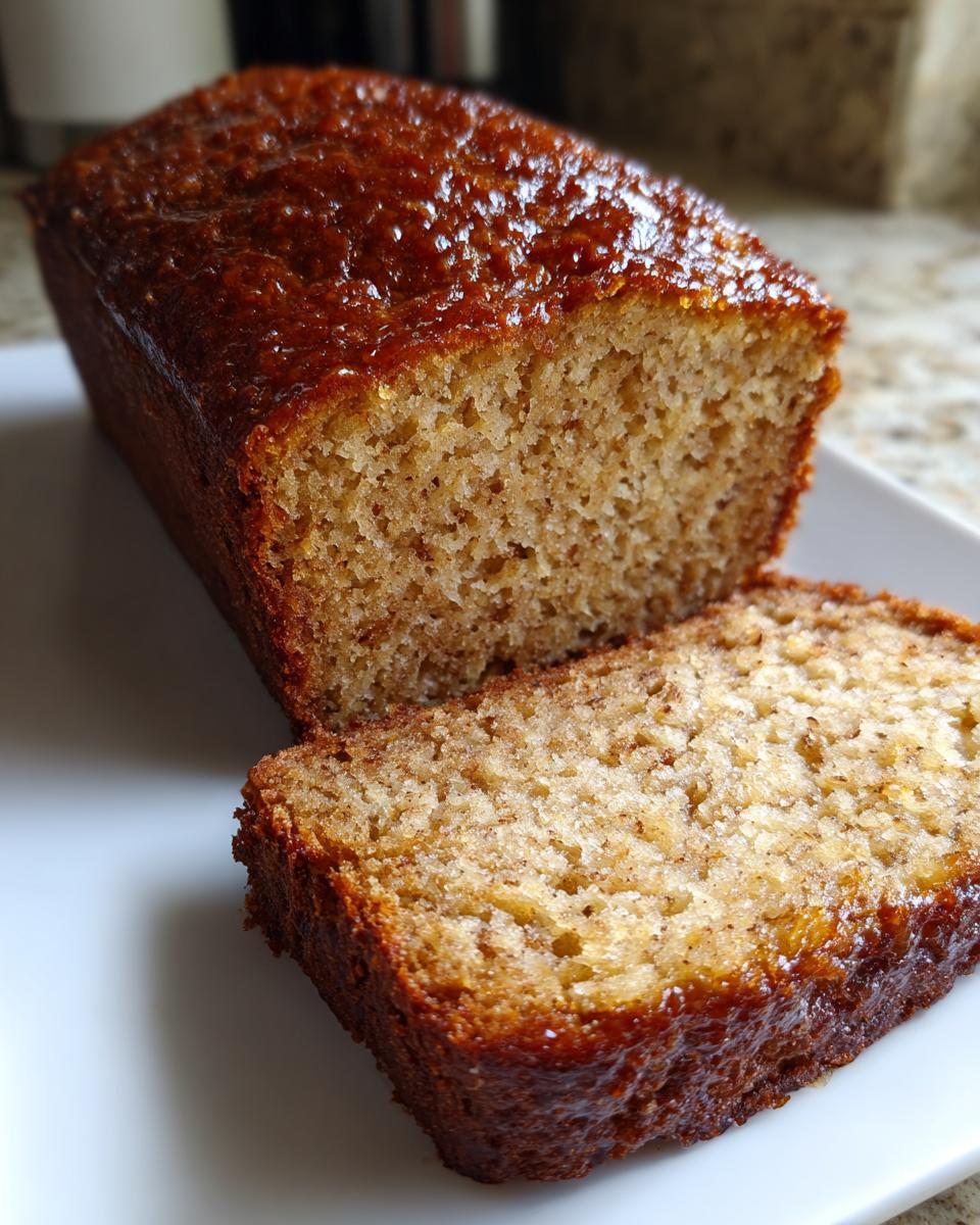 A close-up of a sliced Cinnamon Applesauce Bread loaf with a shiny, dark brown glaze on top.