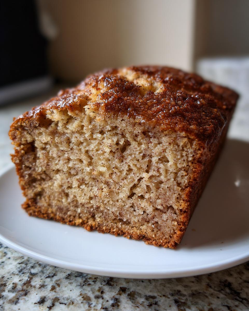 Close-up of a moist slice of cinnamon applesauce bread showing the crumb texture and a glossy, sugary cinnamon crust.