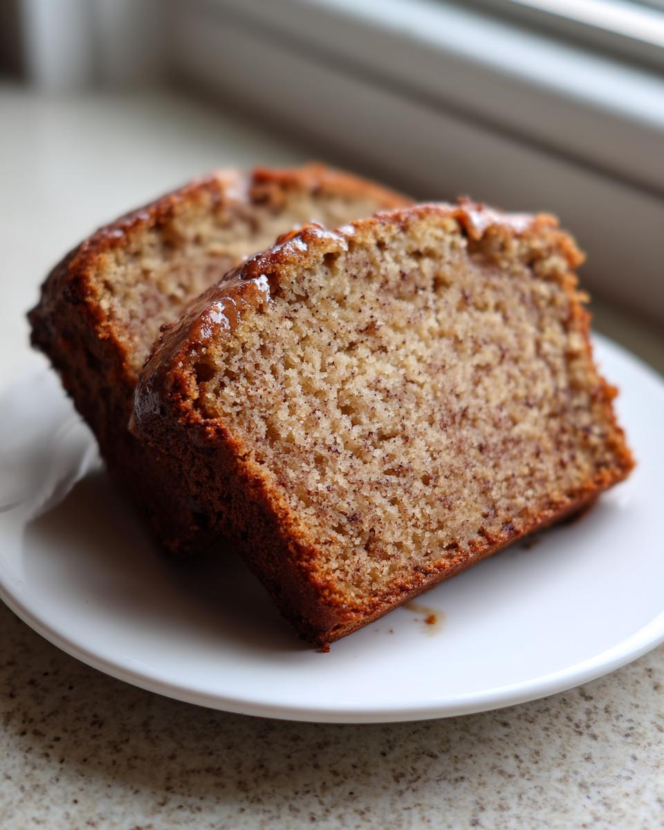 Close-up of two moist slices of cinnamon applesauce bread with a slight glaze, served on a white plate.