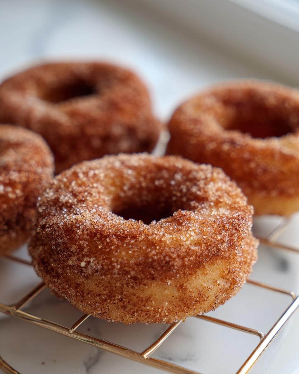 Close-up of several cinnamon sugar Applesauce donuts resting on a small gold cooling rack.
